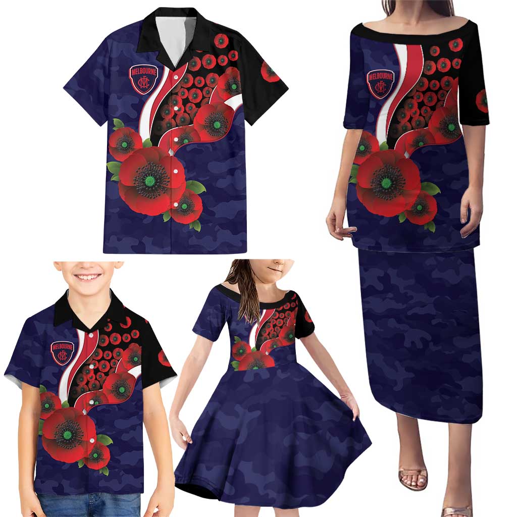 Melbourne Demons ANZAC Personalised Family Matching Puletasi and Hawaiian Shirt Lest We Forget Poppy Camo
