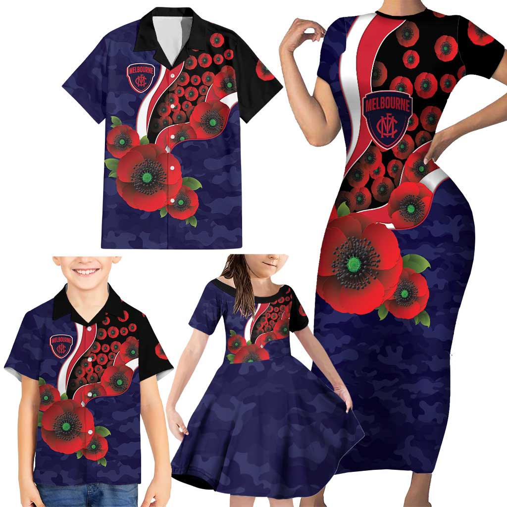 Melbourne Demons ANZAC Personalised Family Matching Short Sleeve Bodycon Dress and Hawaiian Shirt Lest We Forget Poppy Camo