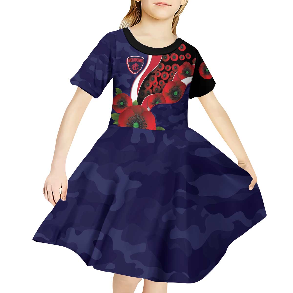 Melbourne Demons ANZAC Personalised Kid Short Sleeve Dress Lest We Forget Poppy Camo
