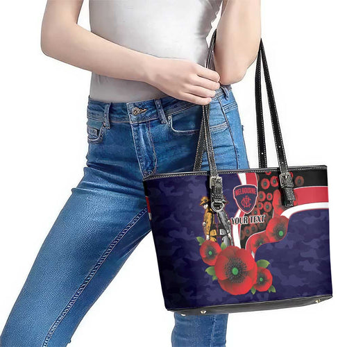 Melbourne Demons ANZAC Personalised Leather Tote Bag Lest We Forget Poppy Camo