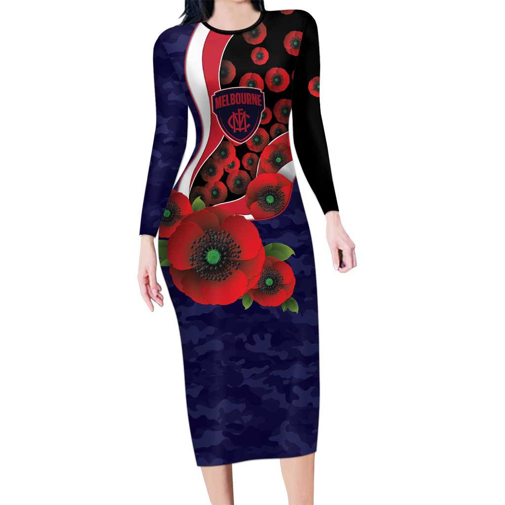 Melbourne Demons ANZAC Personalised Long Sleeve Bodycon Dress Lest We Forget Poppy Camo