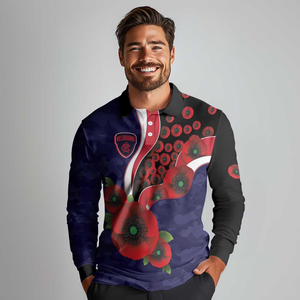 Melbourne Demons ANZAC Personalised Long Sleeve Polo Shirt Lest We Forget Poppy Camo