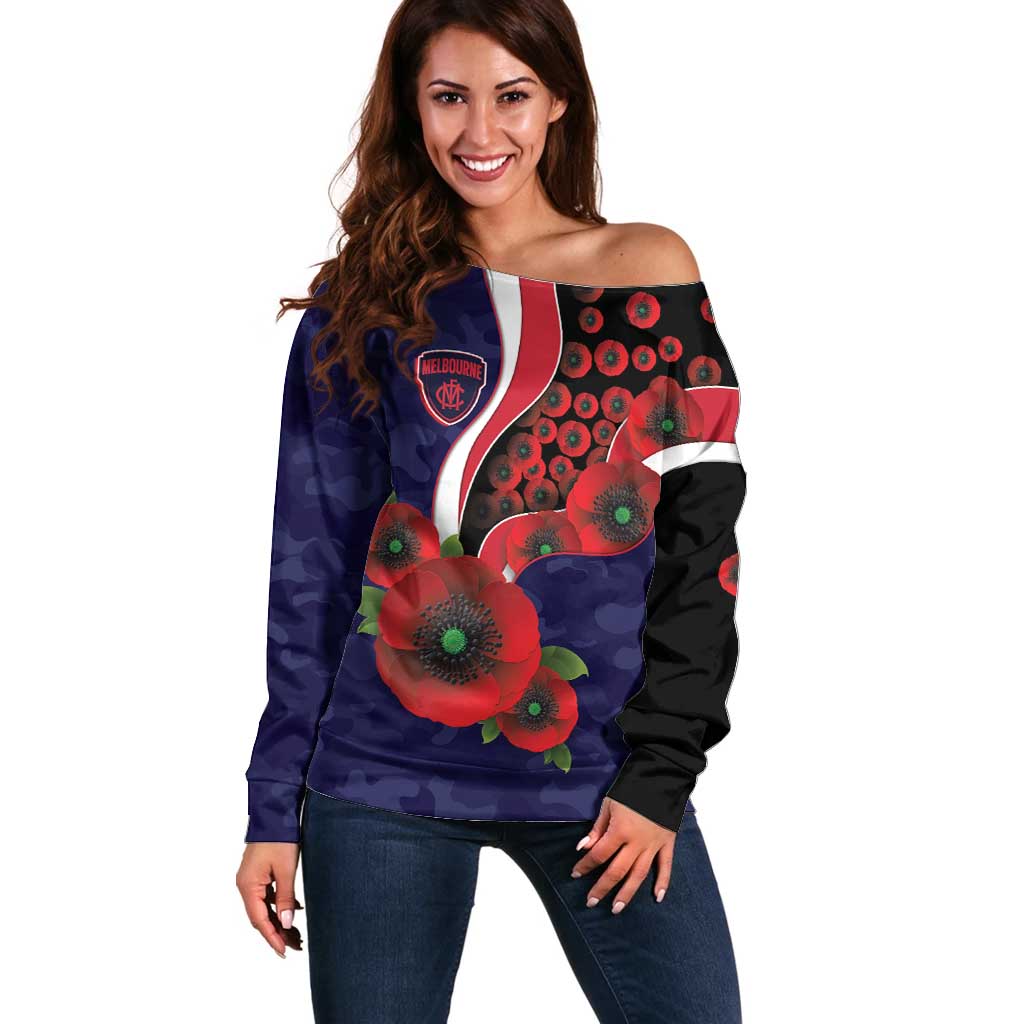 Melbourne Demons ANZAC Personalised Off Shoulder Sweater Lest We Forget Poppy Camo