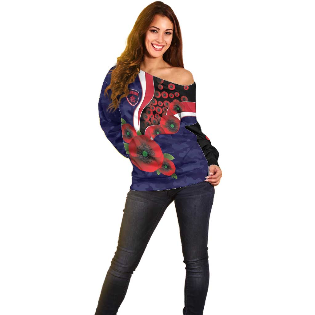 Melbourne Demons ANZAC Personalised Off Shoulder Sweater Lest We Forget Poppy Camo