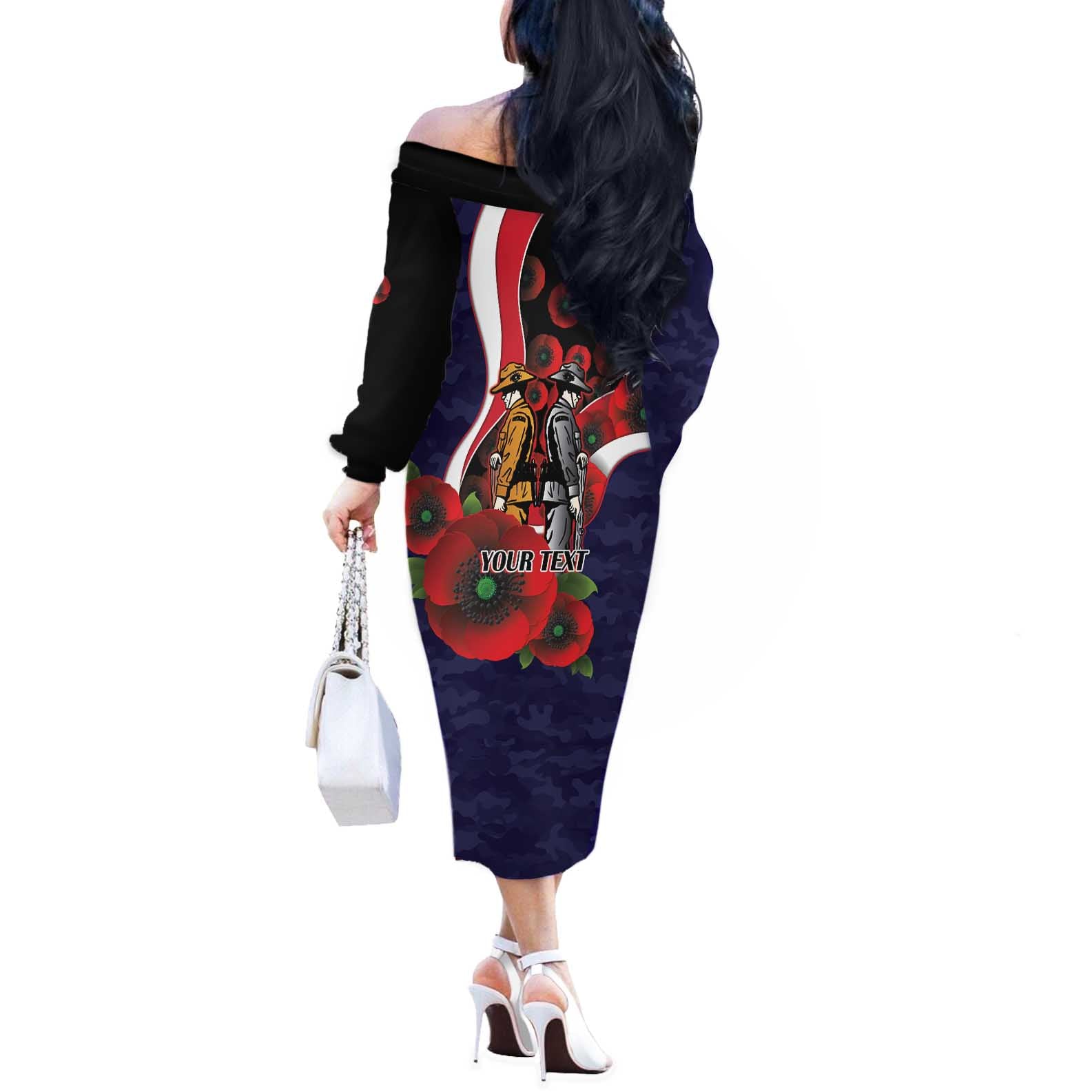 Melbourne Demons ANZAC Personalised Off The Shoulder Long Sleeve Dress Lest We Forget Poppy Camo
