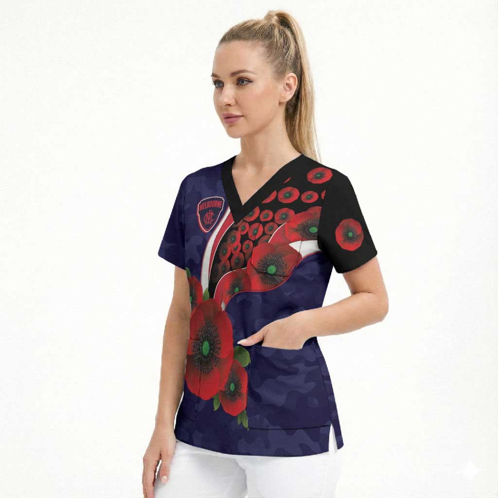 Melbourne Demons ANZAC Personalised Scrub Top Lest We Forget Poppy Camo