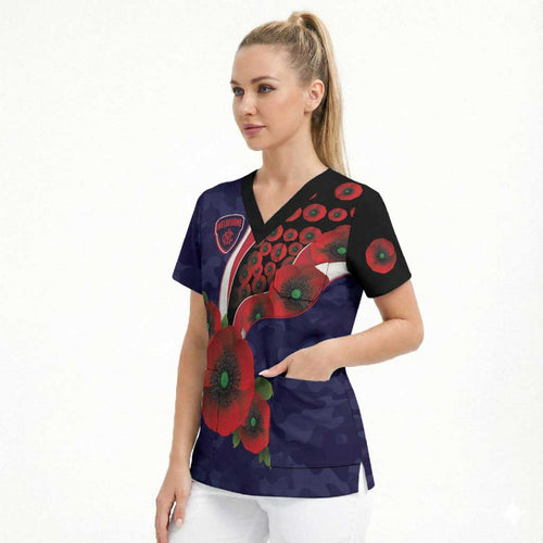 Melbourne Demons ANZAC Personalised Scrub Top Lest We Forget Poppy Camo