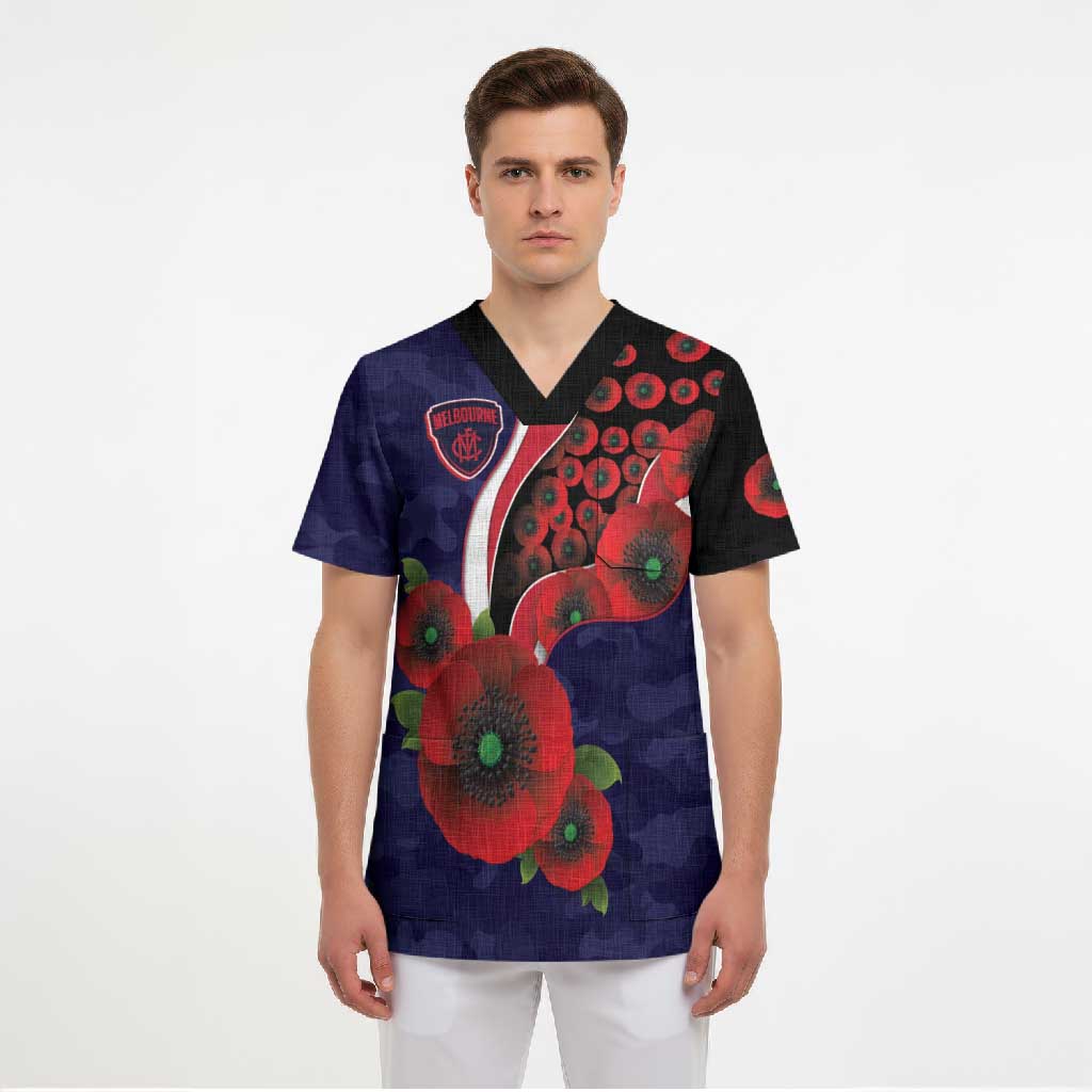 Melbourne Demons ANZAC Personalised Scrub Top Lest We Forget Poppy Camo