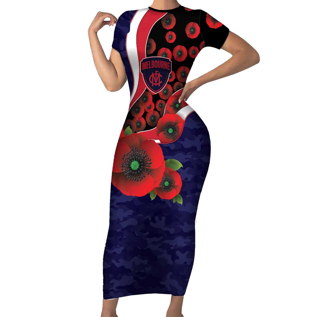 Melbourne Demons ANZAC Personalised Short Sleeve Bodycon Dress Lest We Forget Poppy Camo