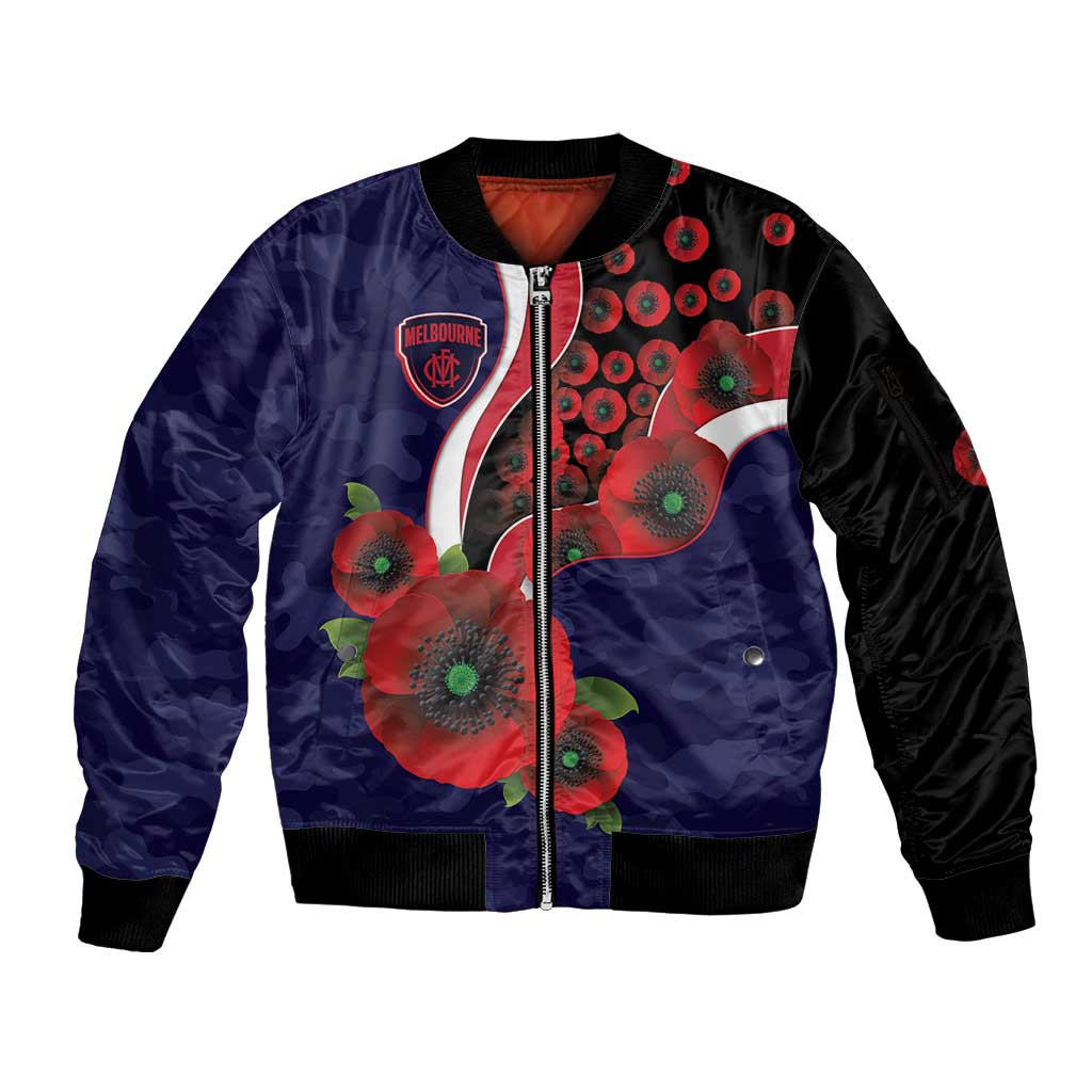 Melbourne Demons ANZAC Personalised Sleeve Zip Bomber Jacket Lest We Forget Poppy Camo