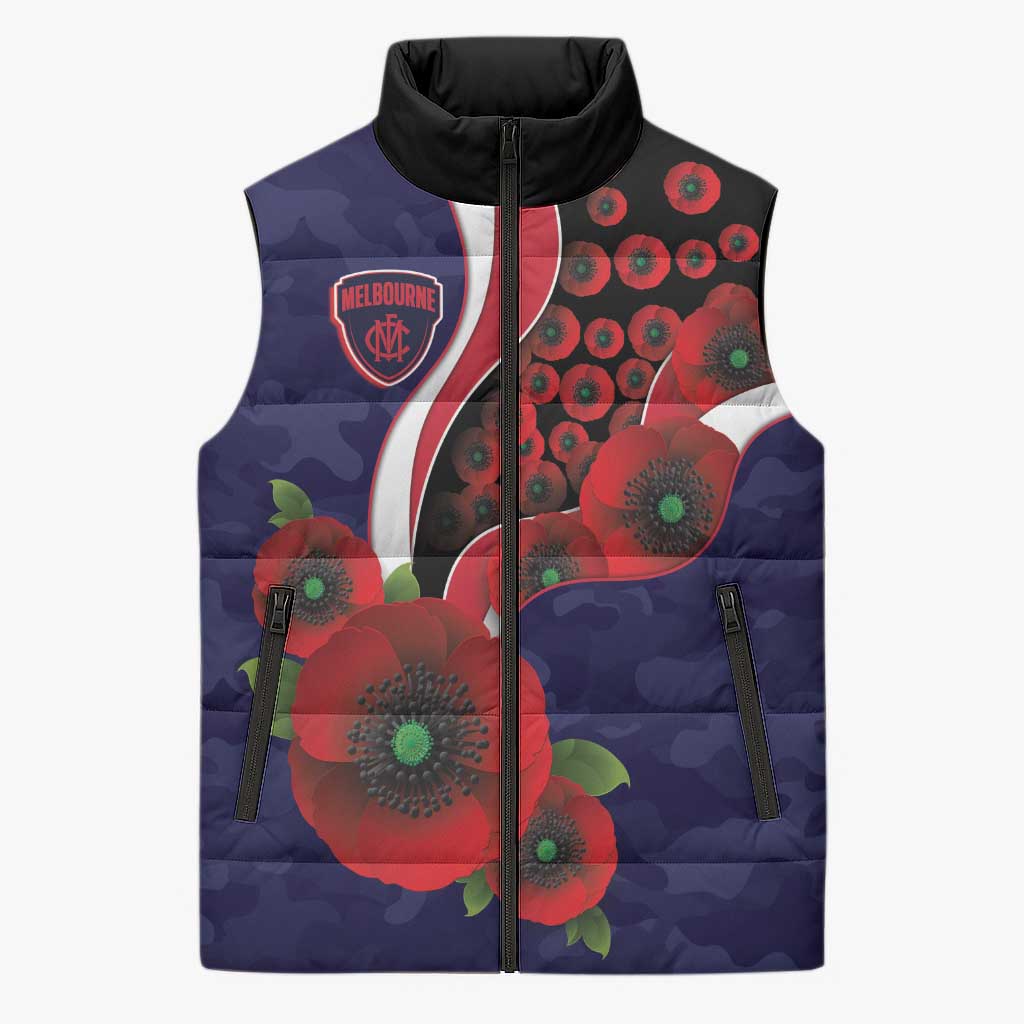Melbourne Demons ANZAC Personalised Sleeveless Puffer Jacket Lest We Forget Poppy Camo