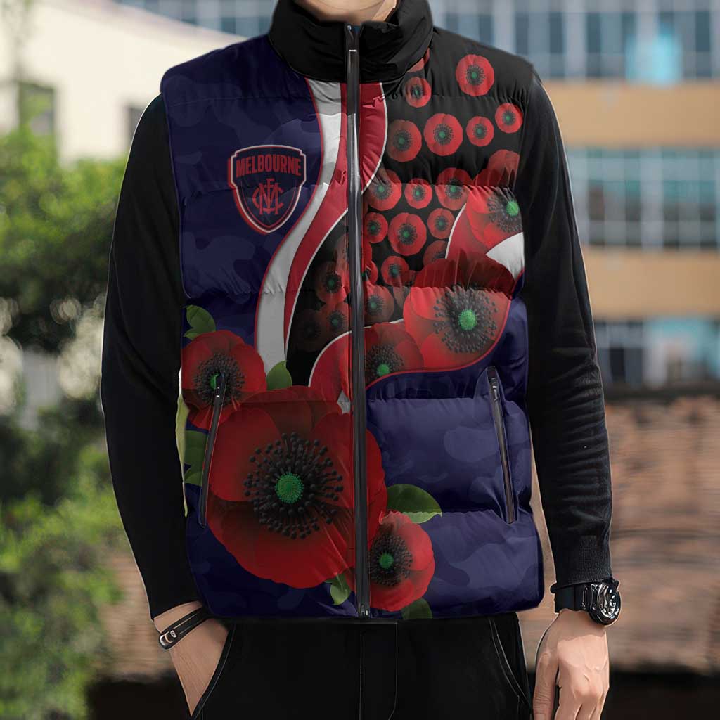 Melbourne Demons ANZAC Personalised Sleeveless Puffer Jacket Lest We Forget Poppy Camo