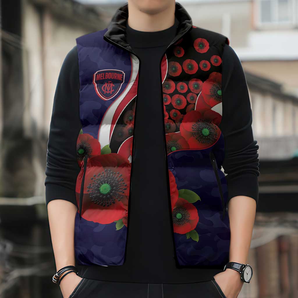 Melbourne Demons ANZAC Personalised Sleeveless Puffer Jacket Lest We Forget Poppy Camo