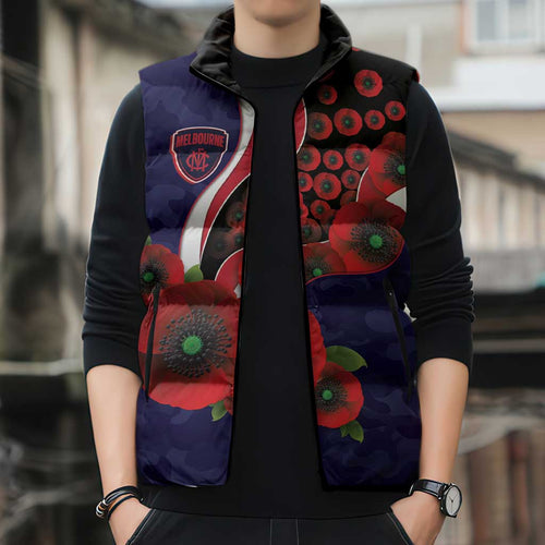 Melbourne Demons ANZAC Personalised Sleeveless Puffer Jacket Lest We Forget Poppy Camo