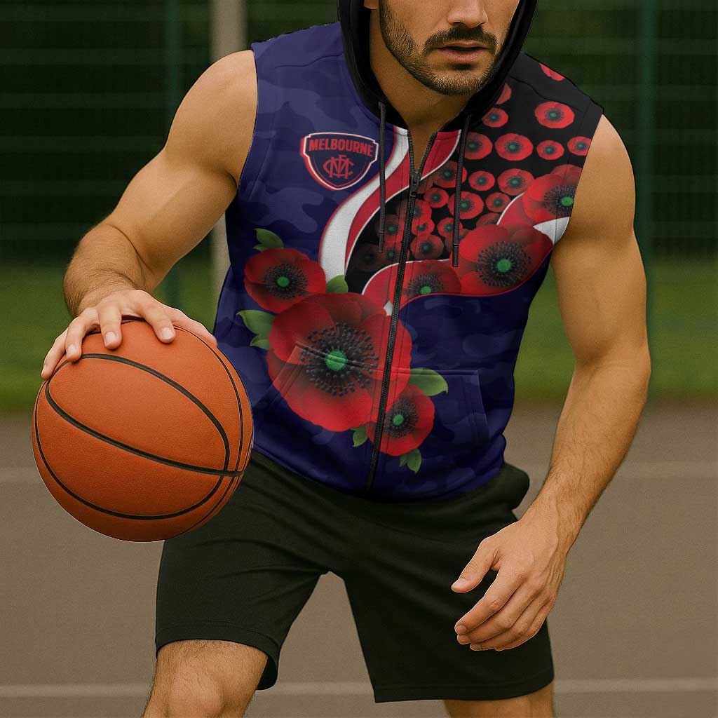 Melbourne Demons ANZAC Personalised Sleeveless Zip Hoodie Lest We Forget Poppy Camo