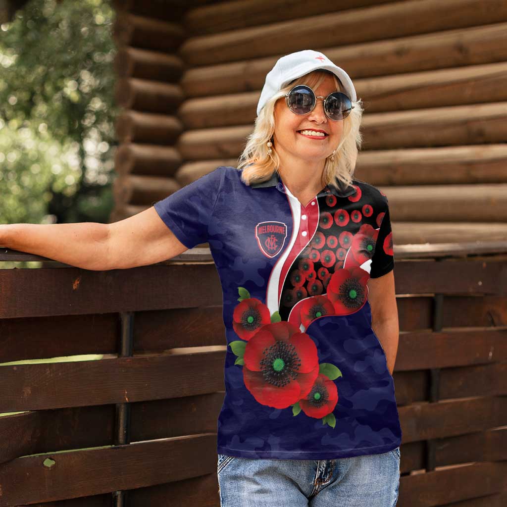 Melbourne Demons ANZAC Personalised Women Polo Shirt Lest We Forget Poppy Camo