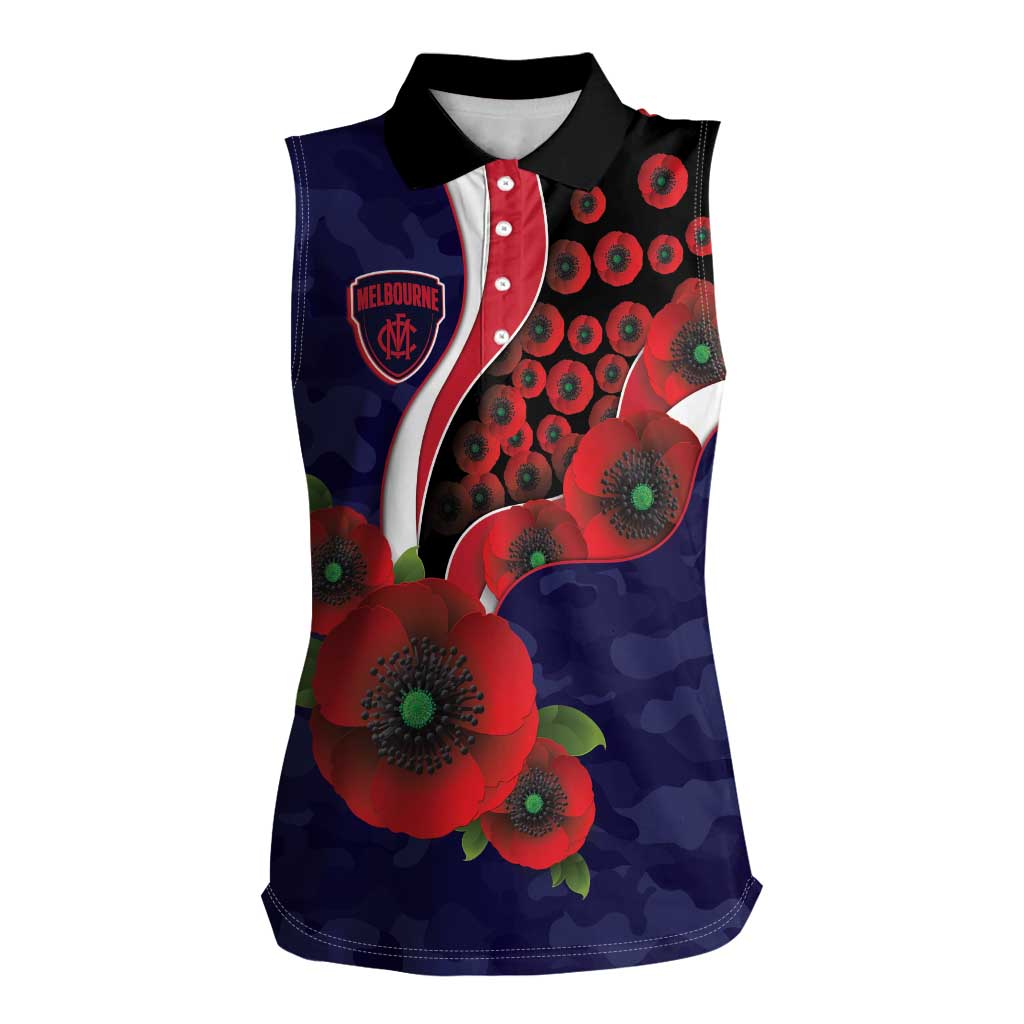 Melbourne Demons ANZAC Personalised Women Sleeveless Polo Shirt Lest We Forget Poppy Camo