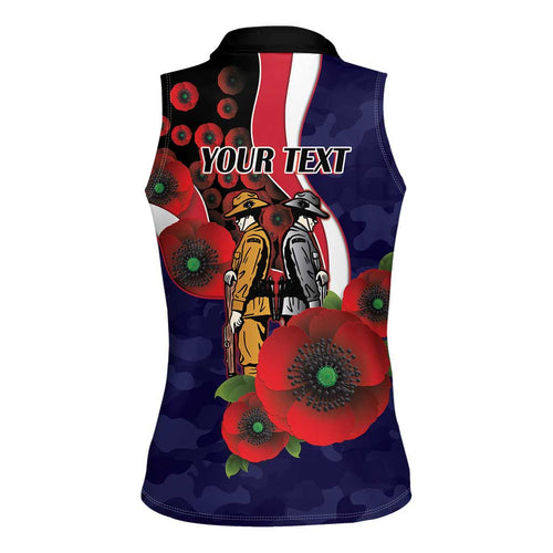 Melbourne Demons ANZAC Personalised Women Sleeveless Polo Shirt Lest We Forget Poppy Camo
