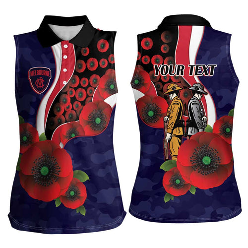 Melbourne Demons ANZAC Personalised Women Sleeveless Polo Shirt Lest We Forget Poppy Camo