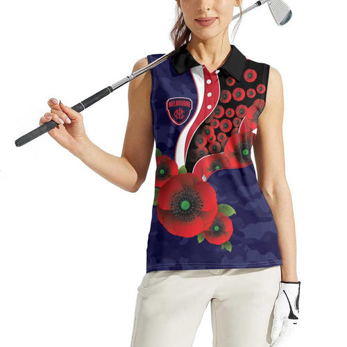 Melbourne Demons ANZAC Personalised Women Sleeveless Polo Shirt Lest We Forget Poppy Camo