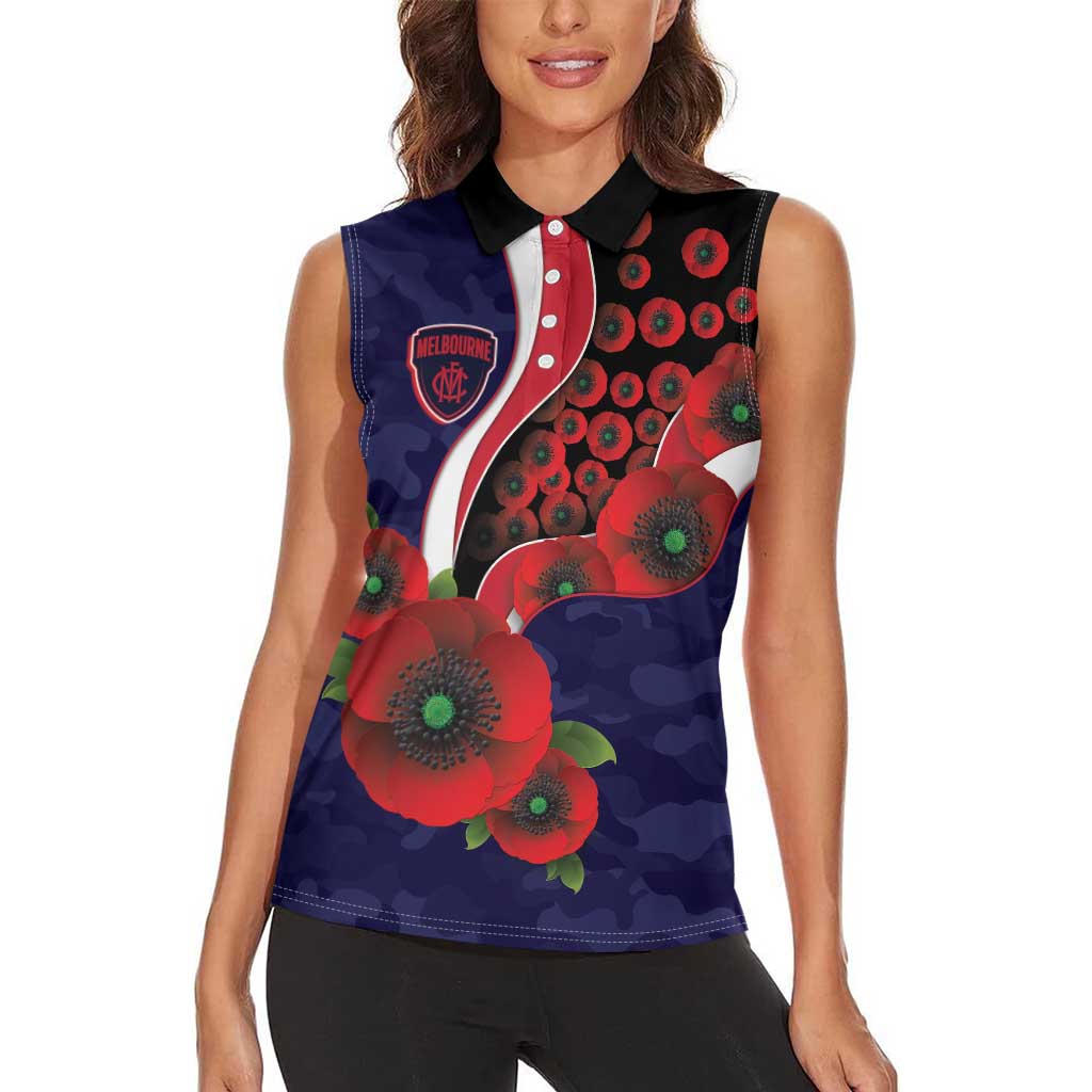 Melbourne Demons ANZAC Personalised Women Sleeveless Polo Shirt Lest We Forget Poppy Camo