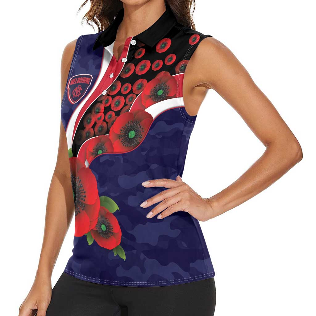 Melbourne Demons ANZAC Personalised Women Sleeveless Polo Shirt Lest We Forget Poppy Camo