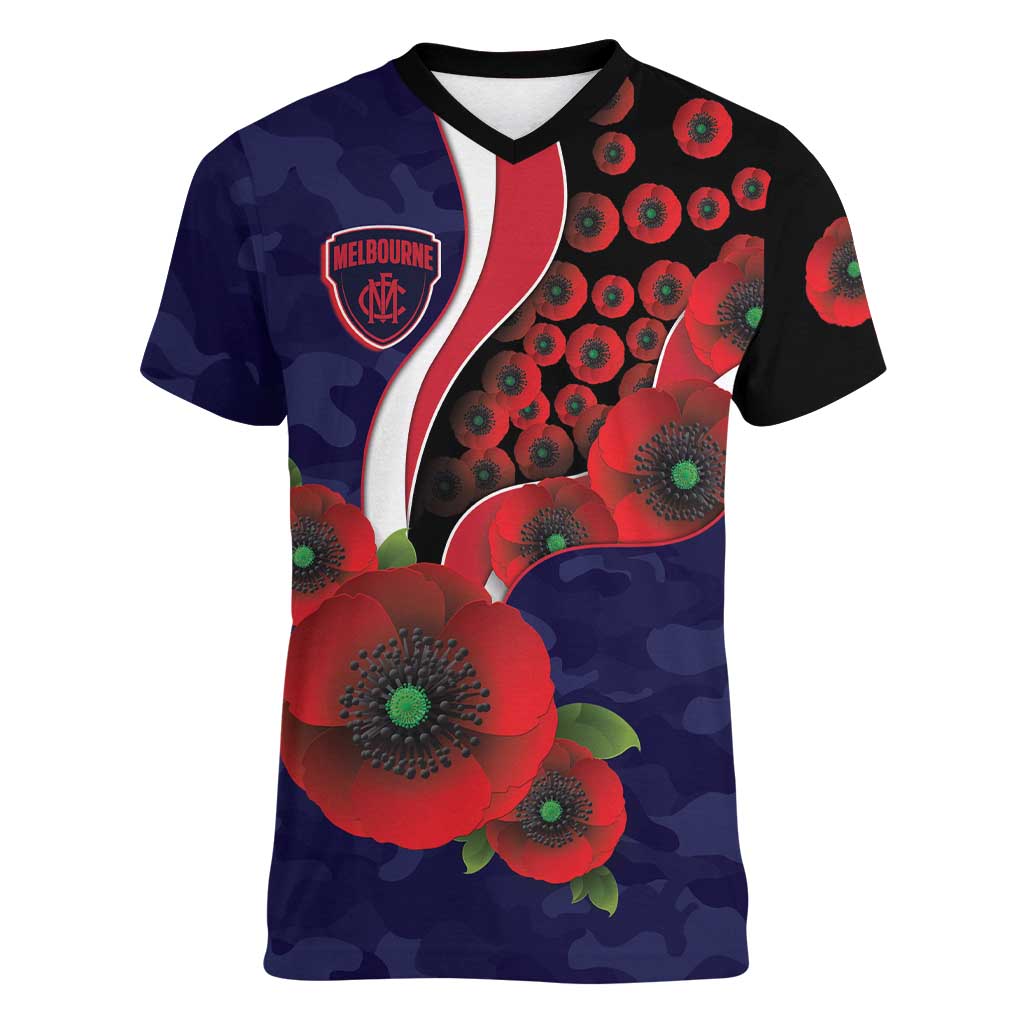 Melbourne Demons ANZAC Personalised Women V-Neck T-Shirt Lest We Forget Poppy Camo