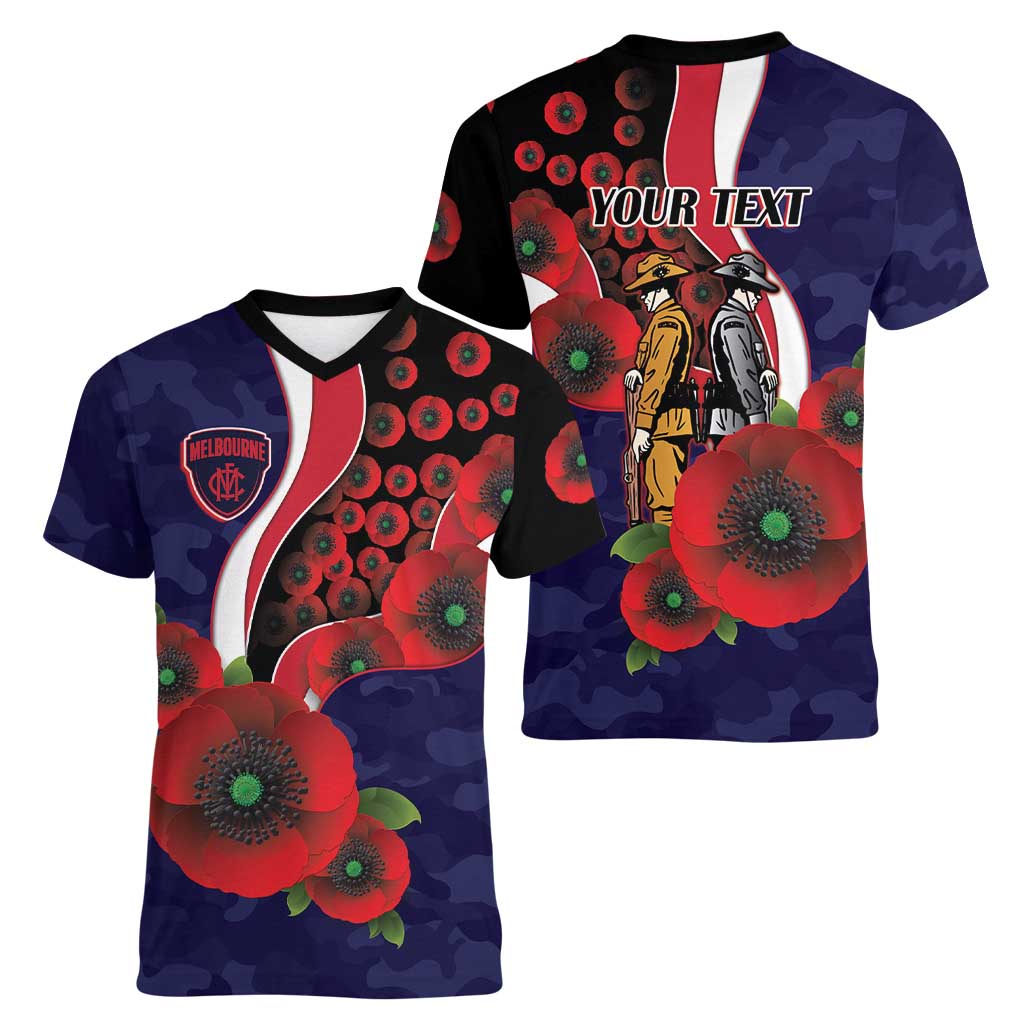 Melbourne Demons ANZAC Personalised Women V-Neck T-Shirt Lest We Forget Poppy Camo