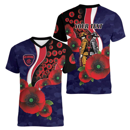 Melbourne Demons ANZAC Personalised Women V-Neck T-Shirt Lest We Forget Poppy Camo