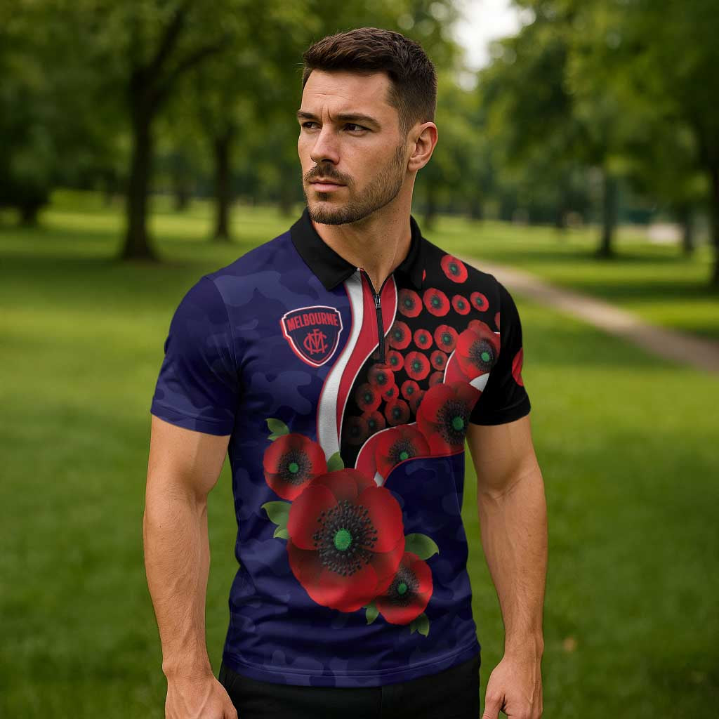 Melbourne Demons ANZAC Personalised Zipper Polo Shirt Lest We Forget Poppy Camo