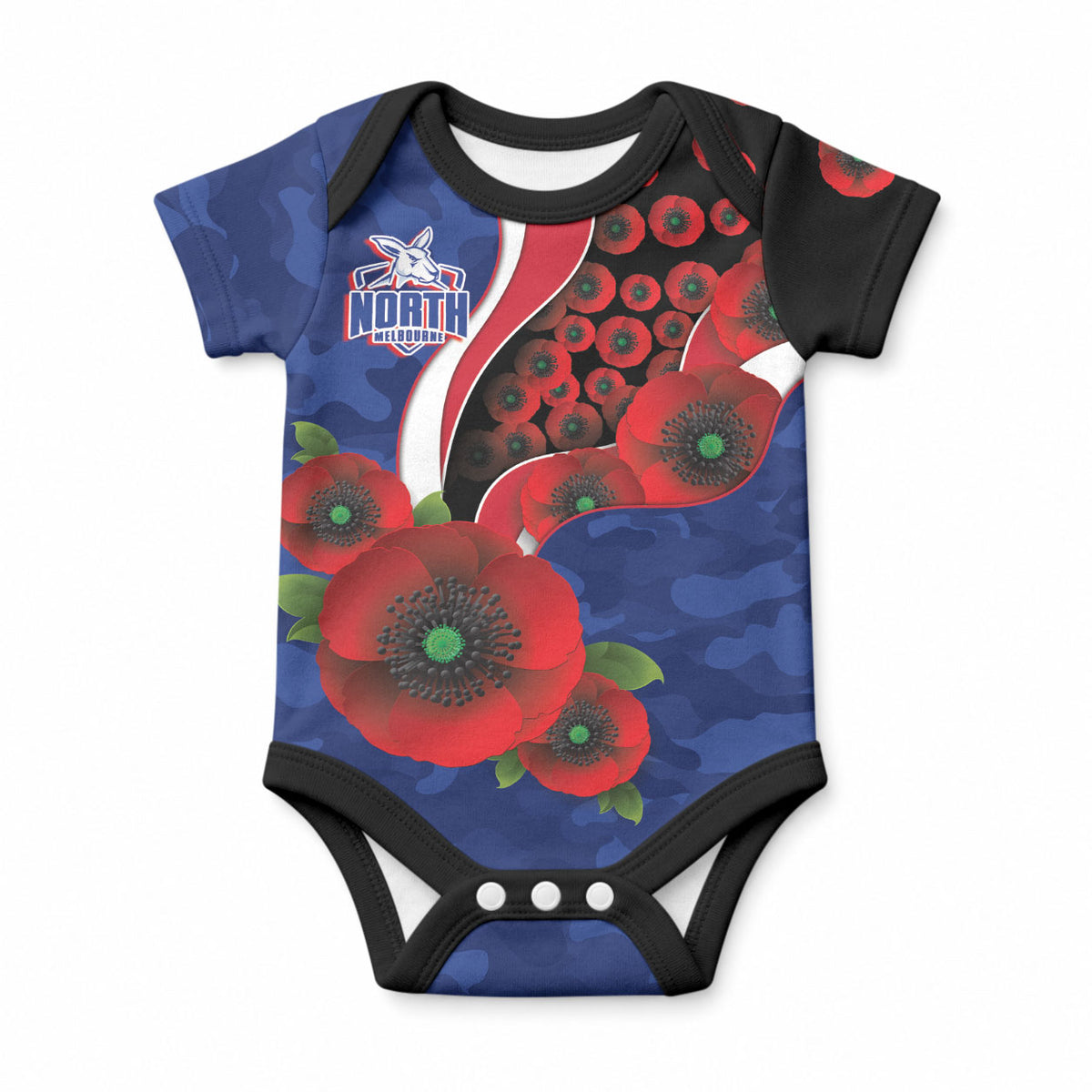 North Kangaroos ANZAC Personalised Baby Onesie Lest We Forget Poppy Camo