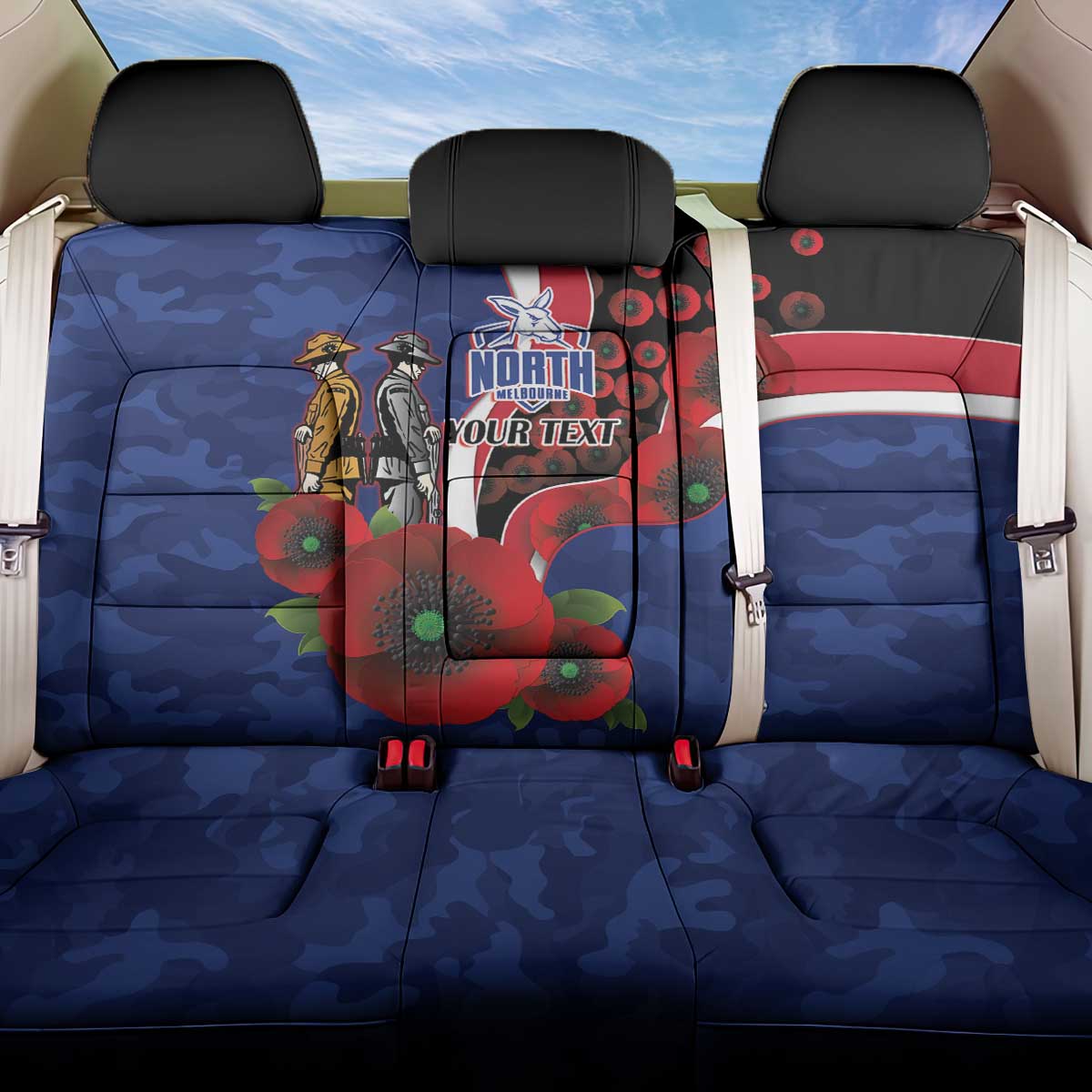 North Kangaroos ANZAC Personalised Back Car Seat Cover Lest We Forget Poppy Camo