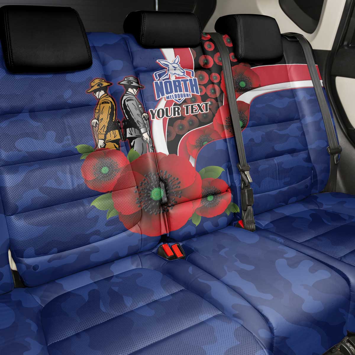 North Kangaroos ANZAC Personalised Back Car Seat Cover Lest We Forget Poppy Camo