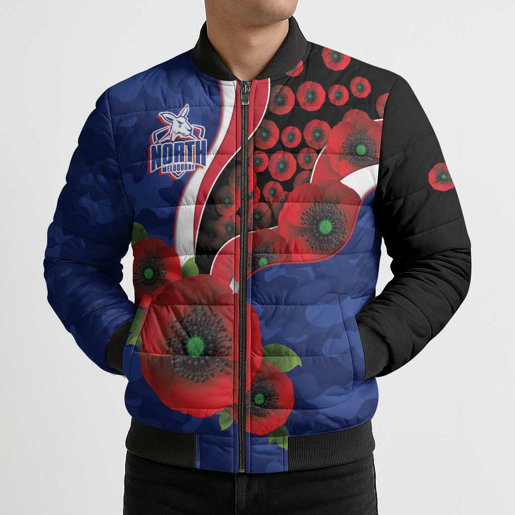 North Kangaroos ANZAC Personalised Bomber Puffer Jacket Lest We Forget Poppy Camo
