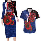 North Kangaroos ANZAC Personalised Couples Matching Long Sleeve Bodycon Dress and Hawaiian Shirt Lest We Forget Poppy Camo
