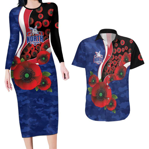North Kangaroos ANZAC Personalised Couples Matching Long Sleeve Bodycon Dress and Hawaiian Shirt Lest We Forget Poppy Camo