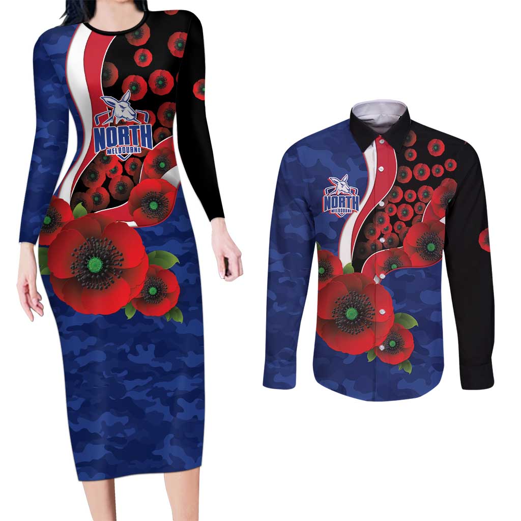 North Kangaroos ANZAC Personalised Couples Matching Long Sleeve Bodycon Dress and Long Sleeve Button Shirt Lest We Forget Poppy Camo