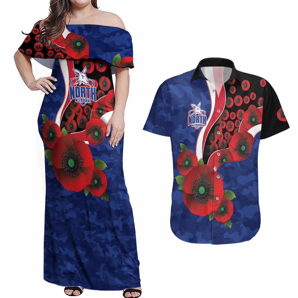 North Kangaroos ANZAC Personalised Couples Matching Off Shoulder Maxi Dress and Hawaiian Shirt Lest We Forget Poppy Camo