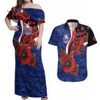 North Kangaroos ANZAC Personalised Couples Matching Off Shoulder Maxi Dress and Hawaiian Shirt Lest We Forget Poppy Camo