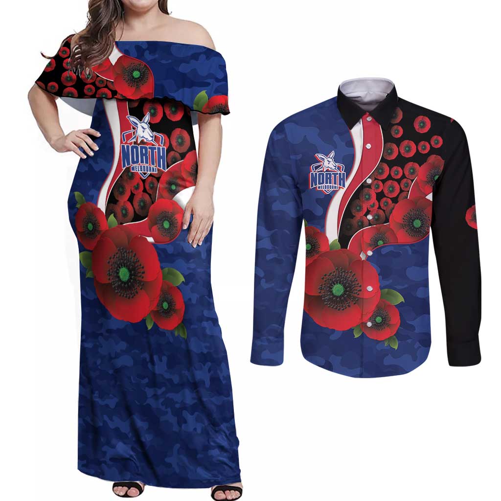 North Kangaroos ANZAC Personalised Couples Matching Off Shoulder Maxi Dress and Long Sleeve Button Shirt Lest We Forget Poppy Camo