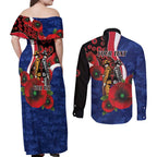 North Kangaroos ANZAC Personalised Couples Matching Off Shoulder Maxi Dress and Long Sleeve Button Shirt Lest We Forget Poppy Camo
