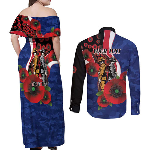 North Kangaroos ANZAC Personalised Couples Matching Off Shoulder Maxi Dress and Long Sleeve Button Shirt Lest We Forget Poppy Camo