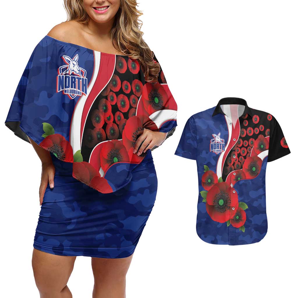 North Kangaroos ANZAC Personalised Couples Matching Off Shoulder Short Dress and Hawaiian Shirt Lest We Forget Poppy Camo