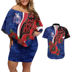 North Kangaroos ANZAC Personalised Couples Matching Off Shoulder Short Dress and Hawaiian Shirt Lest We Forget Poppy Camo