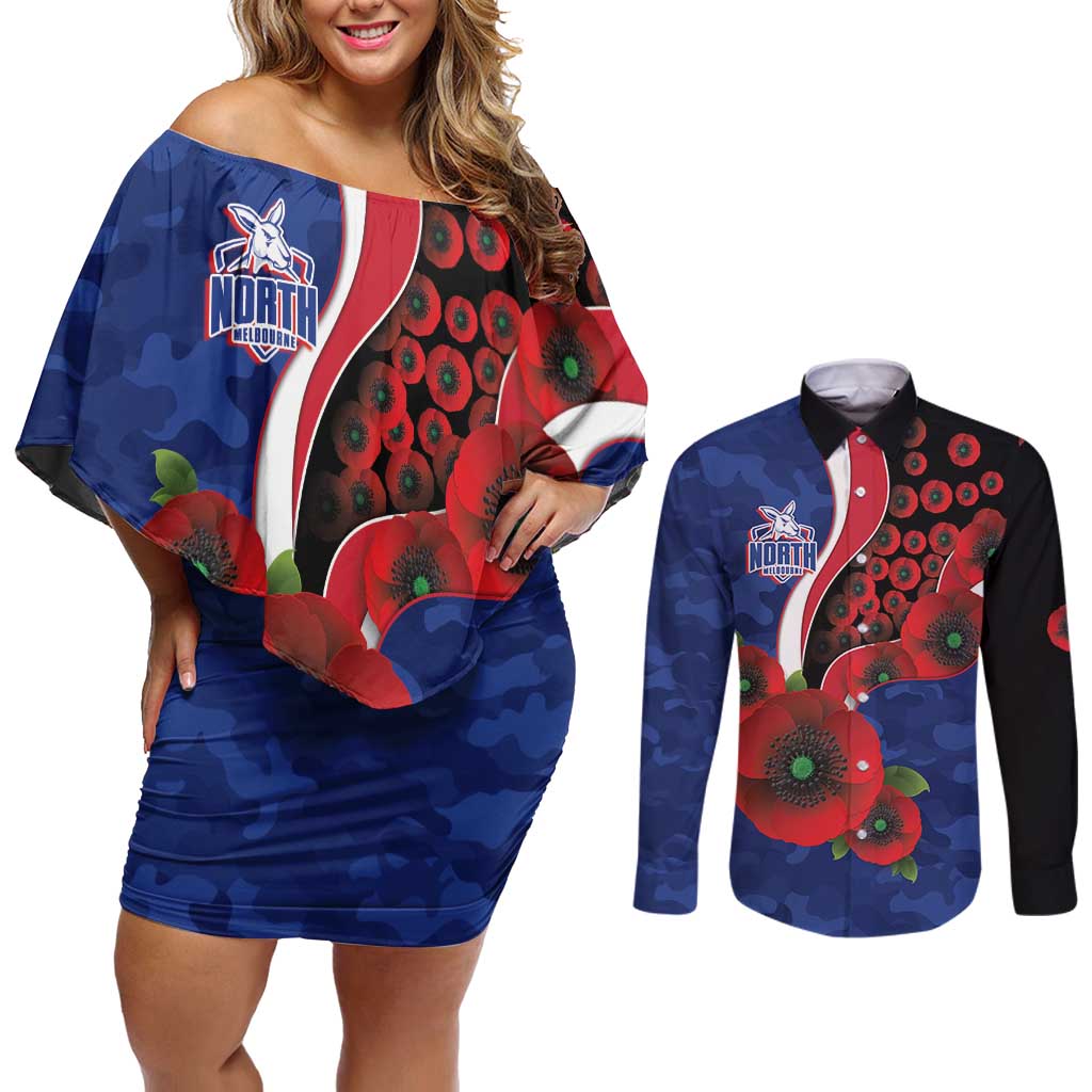 North Kangaroos ANZAC Personalised Couples Matching Off Shoulder Short Dress and Long Sleeve Button Shirt Lest We Forget Poppy Camo