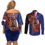 North Kangaroos ANZAC Personalised Couples Matching Off Shoulder Short Dress and Long Sleeve Button Shirt Lest We Forget Poppy Camo