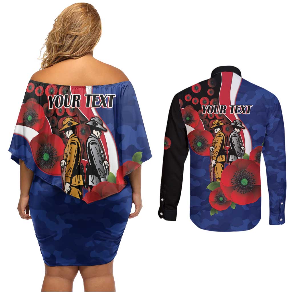 North Kangaroos ANZAC Personalised Couples Matching Off Shoulder Short Dress and Long Sleeve Button Shirt Lest We Forget Poppy Camo