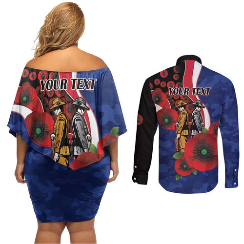 North Kangaroos ANZAC Personalised Couples Matching Off Shoulder Short Dress and Long Sleeve Button Shirt Lest We Forget Poppy Camo