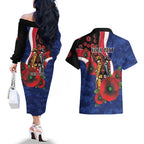 North Kangaroos ANZAC Personalised Couples Matching Off The Shoulder Long Sleeve Dress and Hawaiian Shirt Lest We Forget Poppy Camo