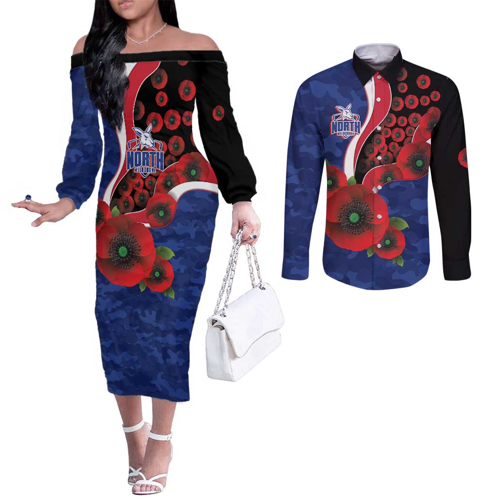 North Kangaroos ANZAC Personalised Couples Matching Off The Shoulder Long Sleeve Dress and Long Sleeve Button Shirt Lest We Forget Poppy Camo